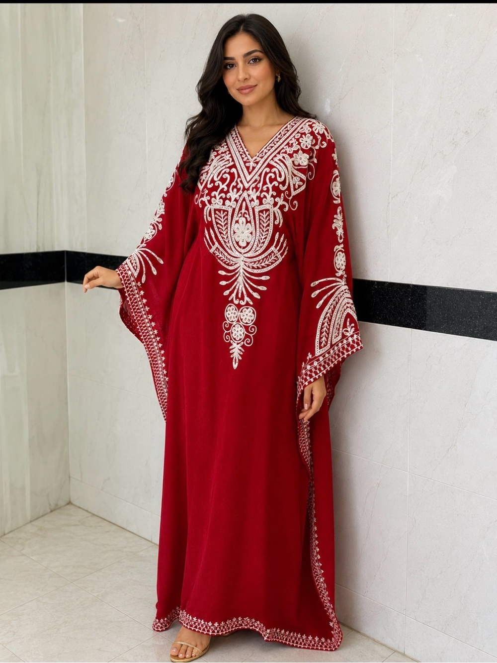 New Red Embroidered V-Neck Kaftan Dress size M